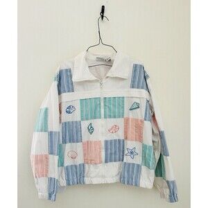 VTG Koret Francisca Windbreaker Jacket Womens L White Beach Sea Shells 90s